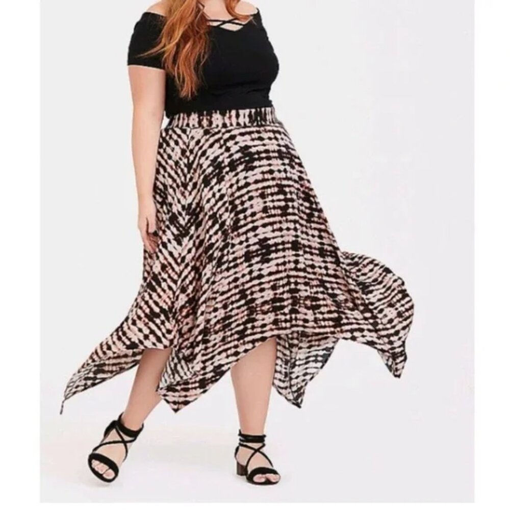 TORRID Tan Black Tie Dye Shark Bite Handkerchief Hem Midi Skirt